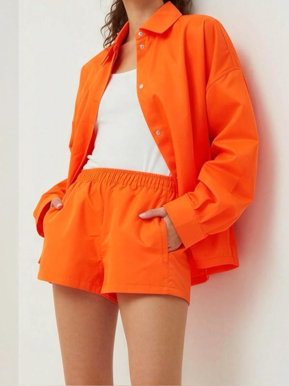 FRANKIE SHOP Set Perla Shirt Jacket (M/L) & Perla Shorts (L) - Neon Orange